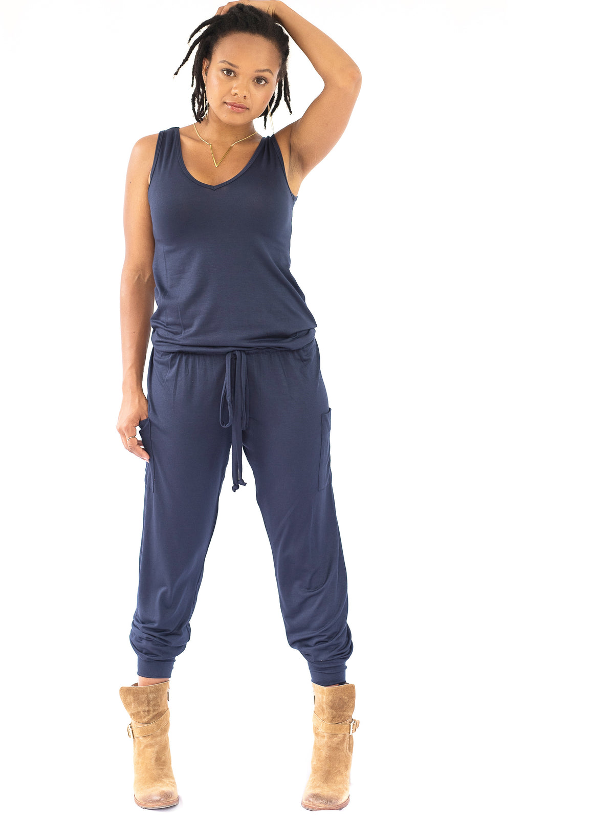 Hudson Jumpsuit by alex & harry in ink blue , maternity jumpsuit for pregnancy that's not maternity .Crowd favorite.
